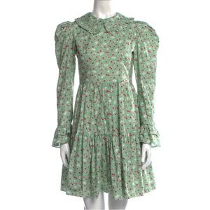 Batsheva Floral & Apple Print Ruffle Collar Long Sleeve Dress